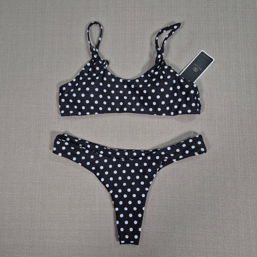 SherryDC Women Black White Polka Dot Brazilian Thong Bikini Set Size M NEW
